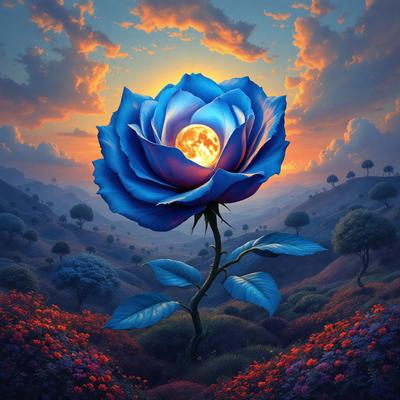 Primary subject: A single blue rose with a yellow center.

Setting/background: A lush, colorful garden with trees and flowers.

Visual style: Digital art.

Colors and mood: The blue rose stands out against the vibrant garden, creating a serene and peaceful atmosphere.